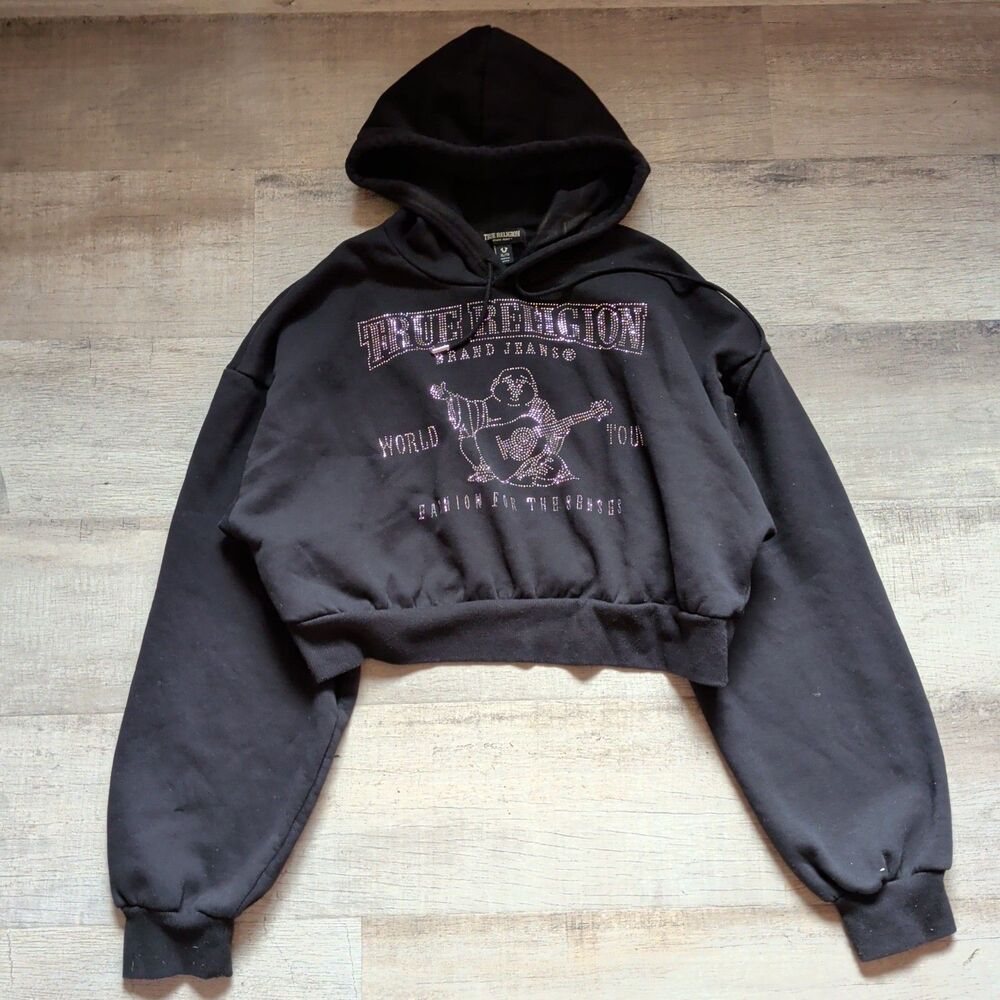 ​True Religion Rhinestone Buddha Black Cropped Hoodie Women XL / TG Y2K